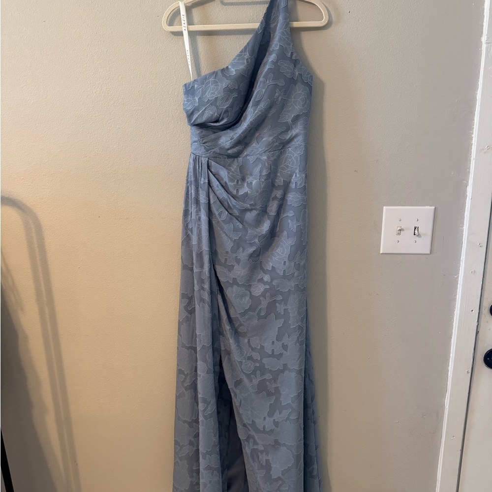 AZAZIE MIKA
Dusty Blue Sheath One Shoulder Floral Burnout Dress